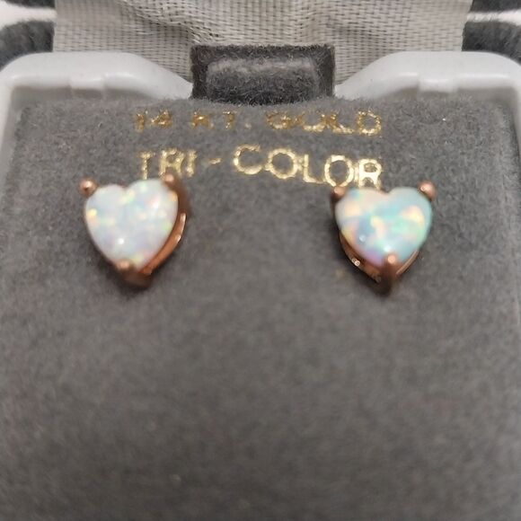 Vintage Heart Shaped Fire Opal Earrings Gold Studs #J048 - Picture 3 of 14